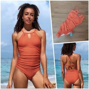 NWT Cupshe Orange Cut Out Halter Neck Ruched Tummy Control Swimsuit Bathing M